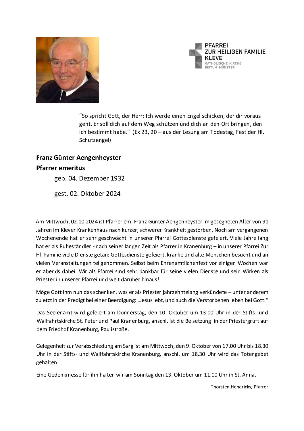 Pfr. em. Franz Günter Aengenheyster verstorben